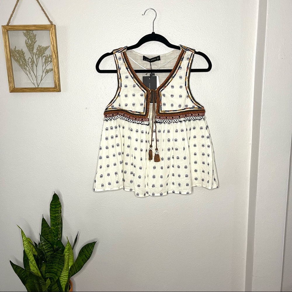 ZARA Women’s Embroidered Boho Peasant Sleeveless Blouse Tank Top Small NWT